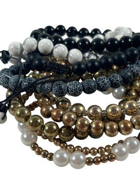 Lot 8 Beaded Bracelets Stretch Black Gold Tone White Blue Stackable Layering